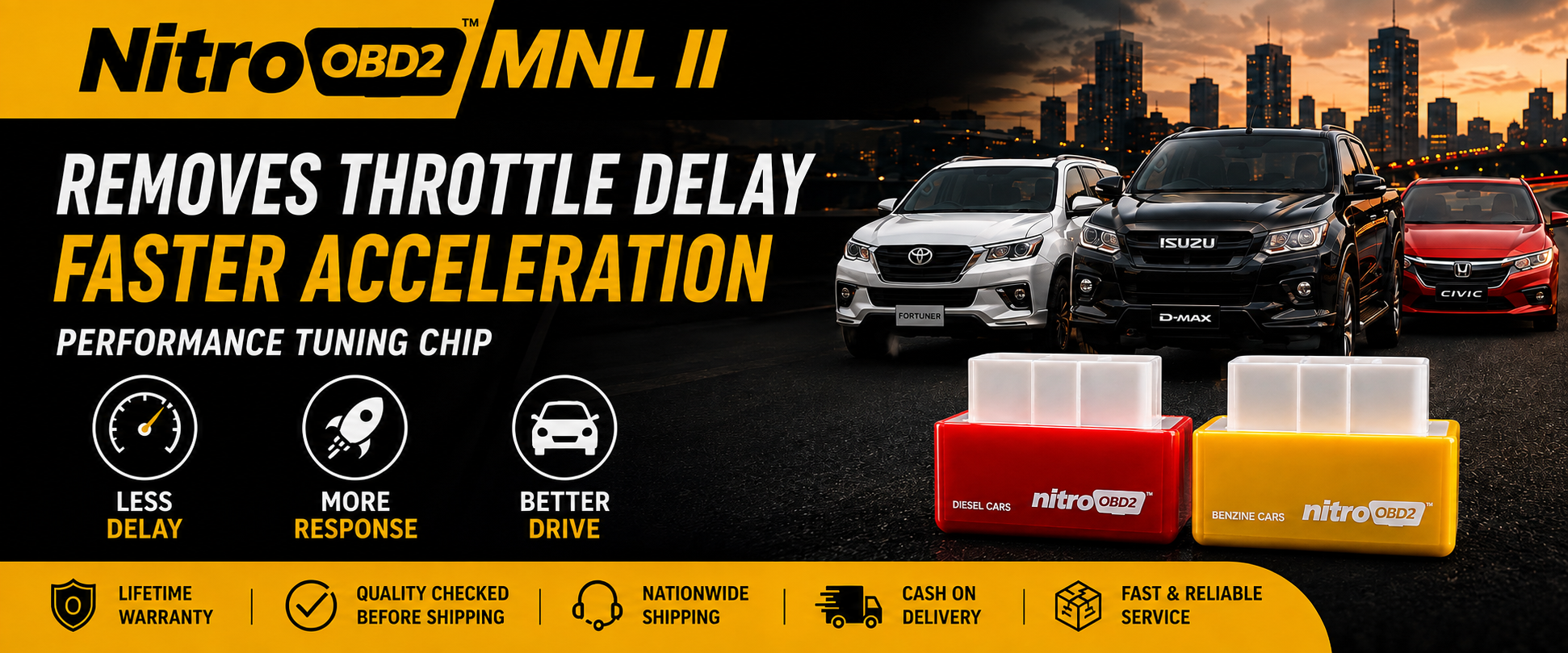Nitro OBD2 — removes throttle delay for faster acceleration, compatible with Toyota, Isuzu and Honda vehicles
