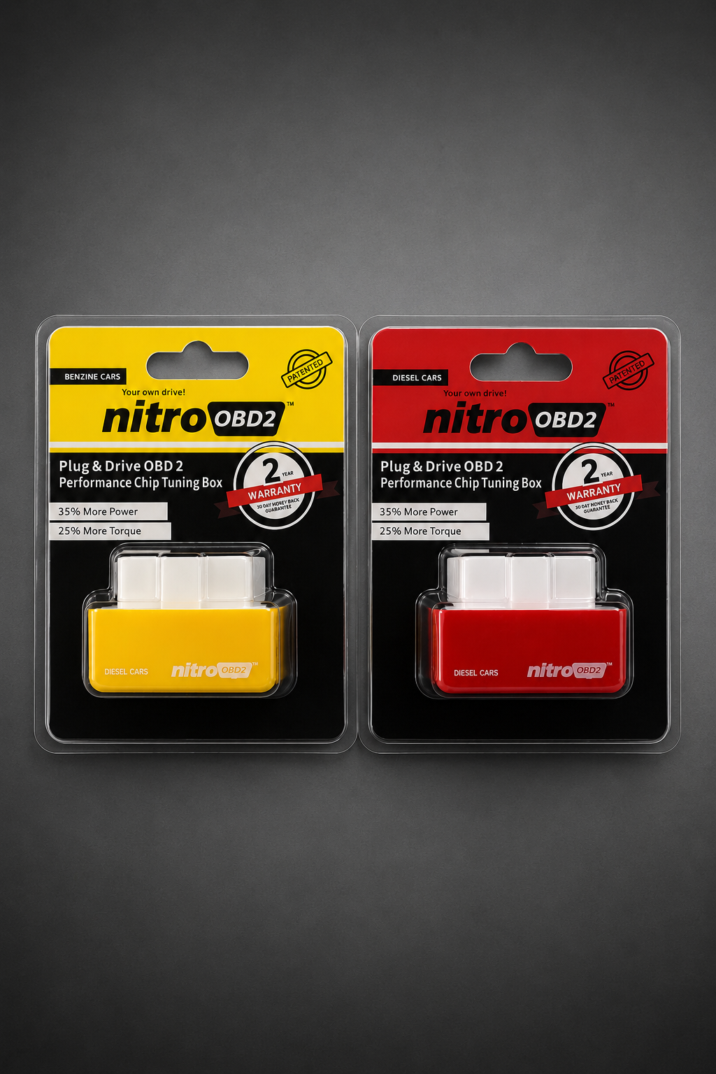 Nitro OBD2 retail packaging — Diesel (red) and Benzine (yellow) blister packs